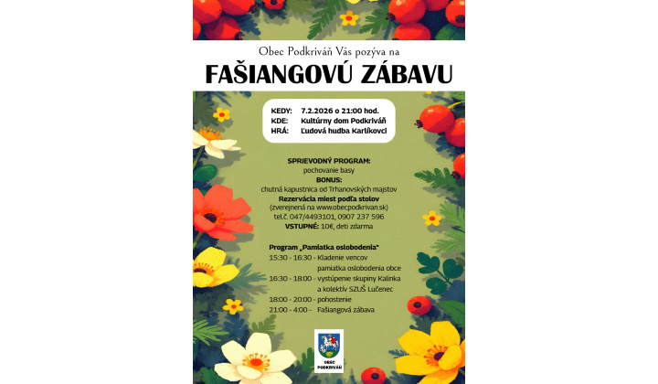 Pozvánka na Fašiangovú zábavu v Podkriváni