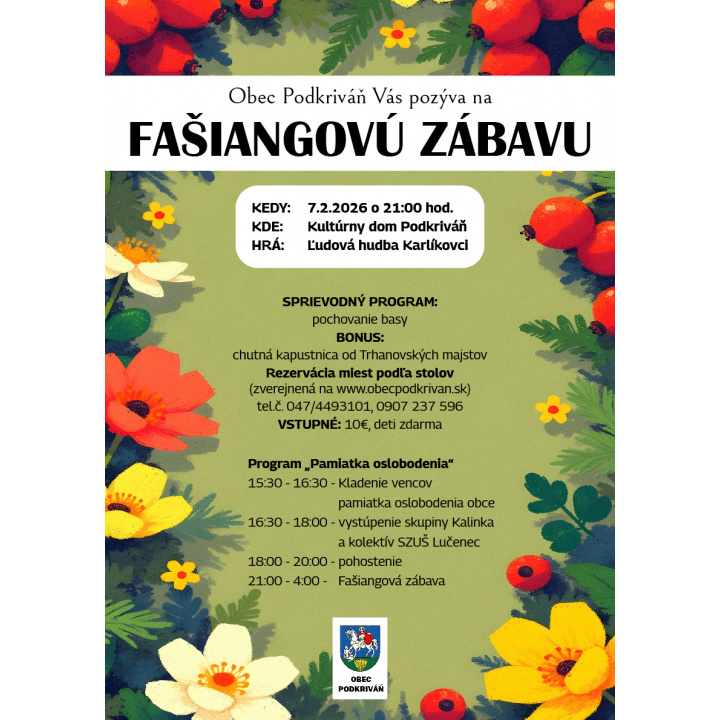 Pozvánka na Fašiangovú zábavu v Podkriváni